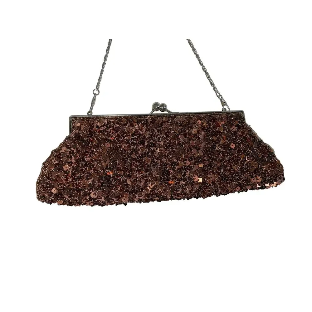 Vintage Brown Bronze Sequin Beaded Clutch Bag Brown Metallic Evening Purse
